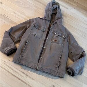 VINTAGE Carhartt Distressed Heavy Canvas Hooded Fleece Lined Brown Coat Jacket-M